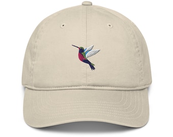 Hummingbird hat, embroidered unisex organic dad hat, hummingbird gift, hummingbird lover hat, hummingbird hats for women and men.