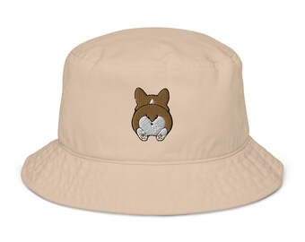 Corgi Bucket hat, Embroidered Unisex Organic cotton Bucket hat, Corgi hat, funny kawaii corgi butt bucket hat.