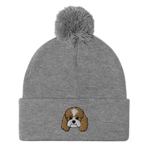 Cavapoo beanie, Cavalier King Charles Spaniel and a Poodle mix, embroidered unisex beanie cavapoo gifts, Pom-Pom Beanie.