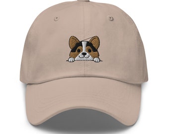 Tri color corgi hat, embroidered unisex baseball hat, corgi mom hat, corgi dad hat, funny corgi gift, corgi peeking cap.