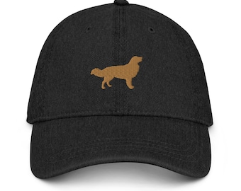 Könnte beinhalten: Eine schwarze Baseballkappe aus Denim mit einer gestickten Golden-Retriever-Silhouette.