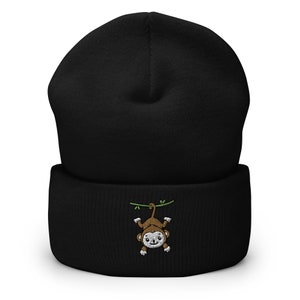 Monkey beanie, kawaii monkey beanie, embroidered unisex Cuffed Beanie, for kids and adults, one size fits all.