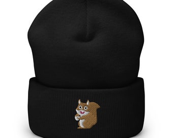 Squirrel beanie, embroidered unisex Cuffed Beanie, squirrel gifts for squirrel lovers, cartoon squirrel beanie.