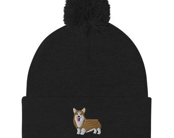 Corgi beanie, Pembroke Welsh Corgi hat, Embroidered Pom-Pom beanie, corgi mom hat, corgi dad hat, corgi dog gifts.