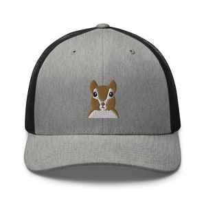 Squirrel trucker hat, embroidered squirrel hat, squirrel hats for adults, squirrel gifts for squirrel lovers.