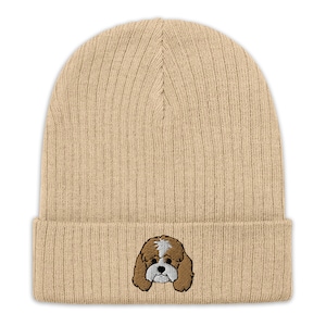 Cavapoo beanie, Cavalier King Charles Spaniel and a Poodle mix, embroidered unisex Ribbed knit beanie cavapoo gifts.