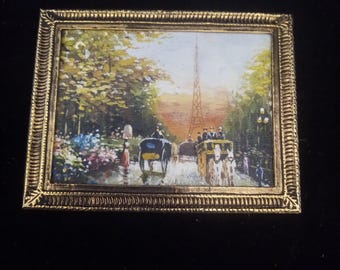 Dollhouse Miniature French Scene Painting • 1:12 Scale • Gold Frame • Paris Street