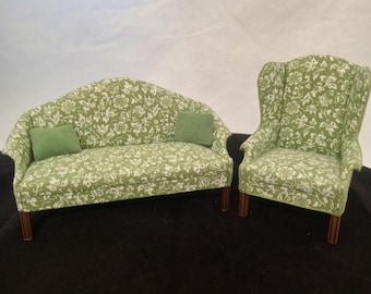 d. Anne Ruff signed Sofa & Winged Back Chair 1978 - - Dollhouse Miniature 1:12