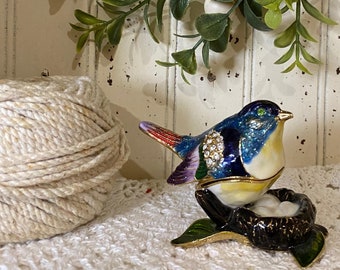 Bird on a Nest Trinket or Ring Box*Gorgeous Bejeweled Enamel*Blue, Purple & White  *Please read the full description