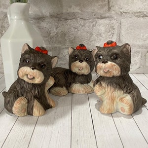 3 HOMCO Terrier-Yorkie- Scottie Puppy Dog Figurines with Red Bows #1475 Home Interiors*Vintage*Please read the full description