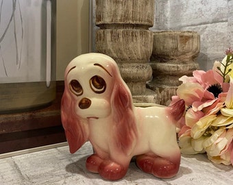 White & Pink Puppy Dog Planter with Big Brown Sad Eyes*Vintage*Please read the full description