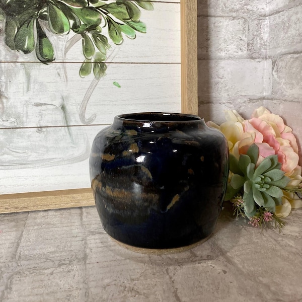 Drip Glazed Pottery Planter in Gorgeous Hues of Black, Brown and a Touch of Navy Blue*Small* -Signed Urban*Please read the full description
