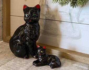 Red Clay Black Mama Kitty Cat with Green Jeweled Eyes and One Baby Kitten Made in Japan Set of Two*Vintage*Please read the full description