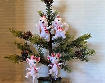 Vintage White Mice and Squirrels w/Red and White Checked Ears Vests & Hats Christmas Tree Ornaments*Set 4*Please read the full description