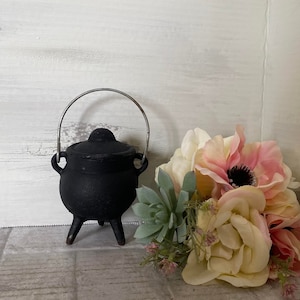 May include: A small black cast iron cauldron with a silver handle sits on a gray tiled surface next to a bouquet of pink and white flowers.