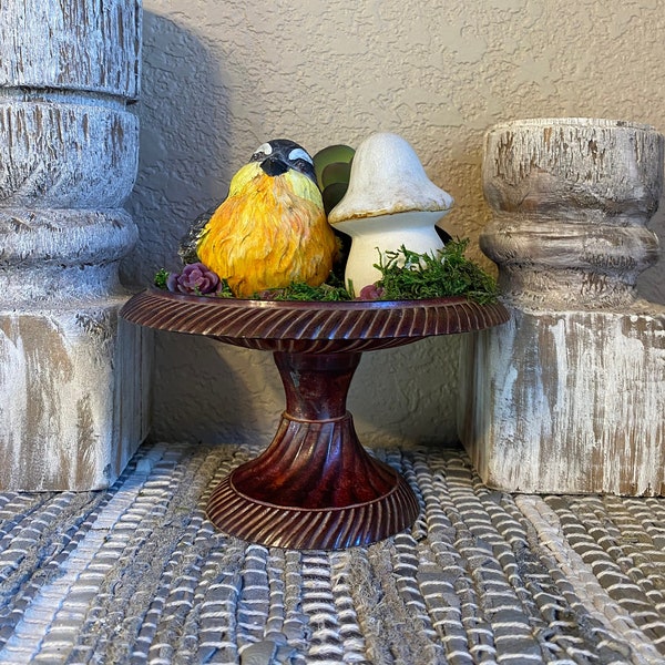 Metal Mini Birdbath Garden Scene Assemblage/Diorama*Resin Bird*Pottery Mushroom*Faux Succulents*Reimagined*Mixed Media*Art Collage*Reused