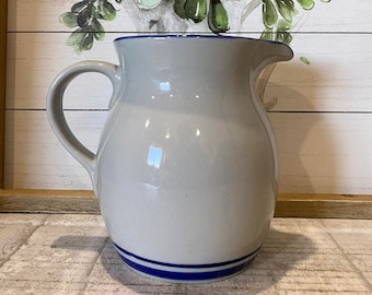 Gray Stoneware/Crock Pitcher with Double Navy, Blue Bands/Stripes Around the Bottom**Vintage*6.25 inch*Please read the full description