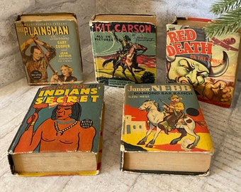 Set 5 Western Theme Little Books*Kit Carson*The Plainsman*Jr Neb*The Red Death on the Range*Flame Boy & the Indians Secret*Read description
