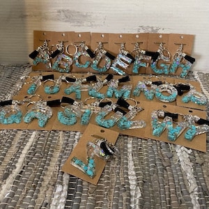 Handmade Resin Initial Keychain* Letter Keychain *Letters of the Alphabet*Purse Charm*Zipper Pull*Turquoise Chips*Silver Glitter*Choose 1
