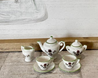 Porcelain Miniature Tea Set with Little Girl and Pink Flowers  Signed j.w.a** Set Of 9*Vintage*Please read the full description