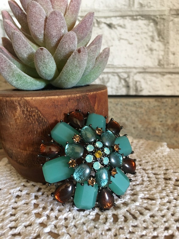 Joan Rivers Teal and Amber Brooch
