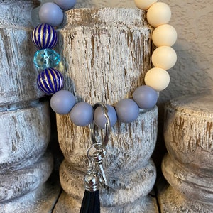 Handmade Gray and Cream Silicone Beaded Keychain Wristlet with Pretty Shades of Blue Focal Beads and a Faux Leather Black Tassel image 4
