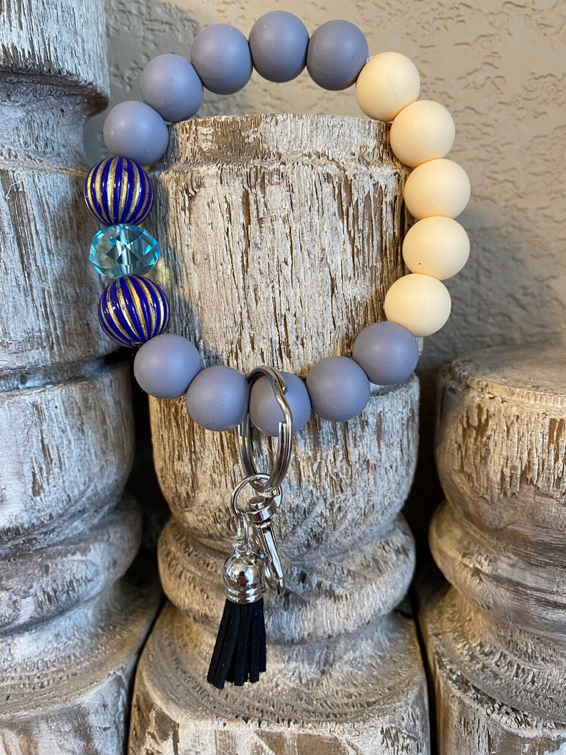 Handmade Gray and Cream Silicone Beaded Keychain Wristlet with Pretty Shades of Blue Focal Beads and a Faux Leather Black Tassel image 4