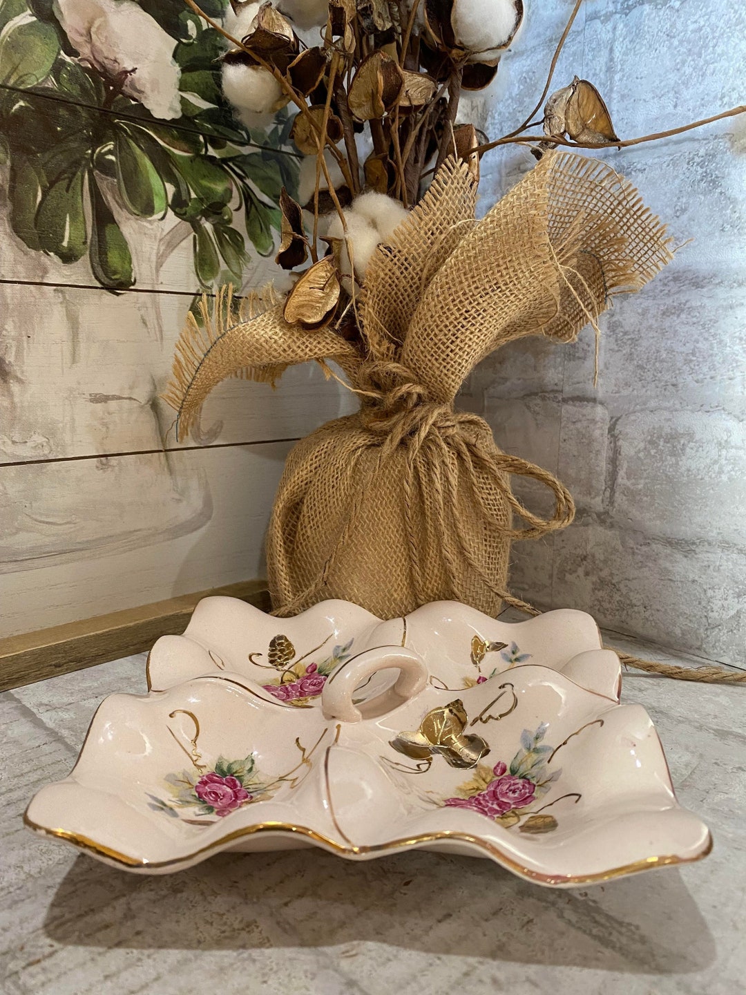 Pink Divided Dish With Pink Roses, Blue Flowers and Gold Leaves and ...