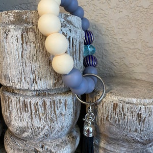 Handmade Gray and Cream Silicone Beaded Keychain Wristlet with Pretty Shades of Blue Focal Beads and a Faux Leather Black Tassel image 3