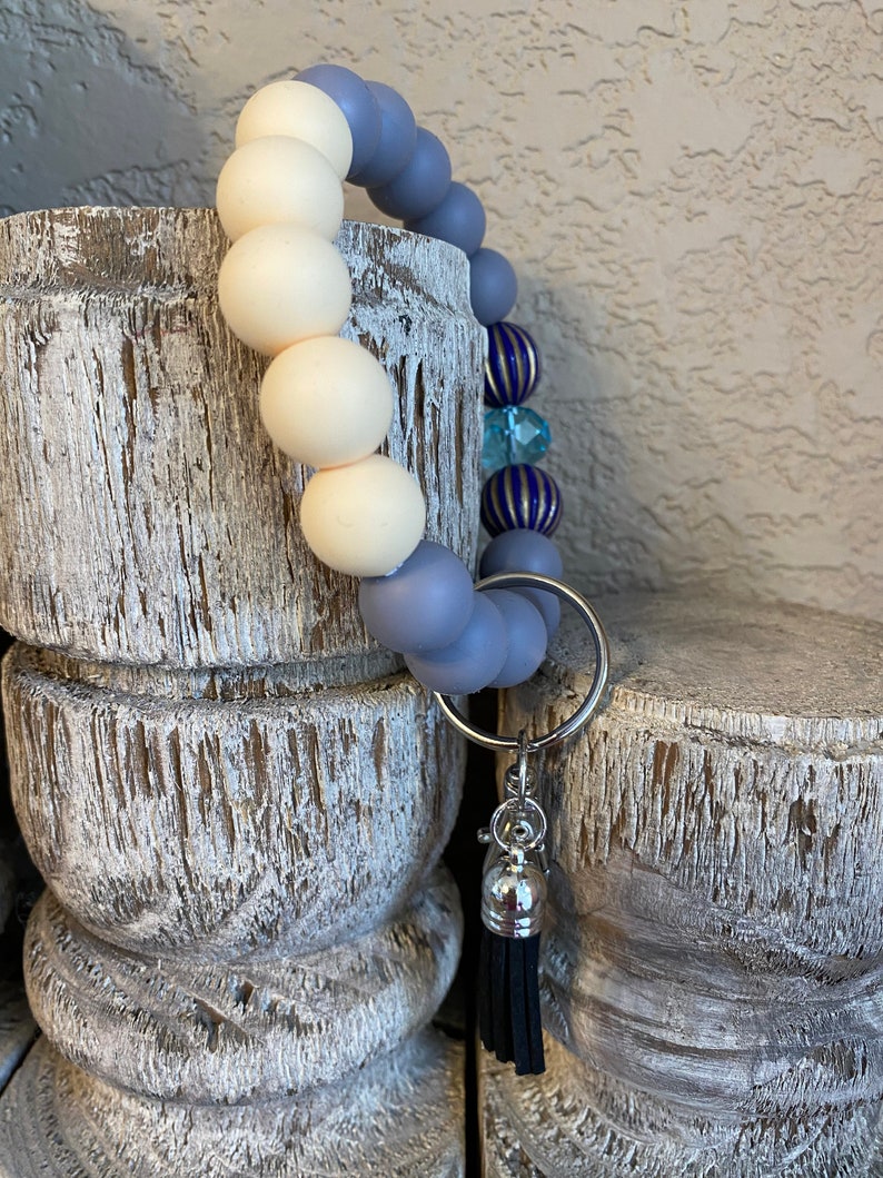 Handmade Gray and Cream Silicone Beaded Keychain Wristlet with Pretty Shades of Blue Focal Beads and a Faux Leather Black Tassel image 3