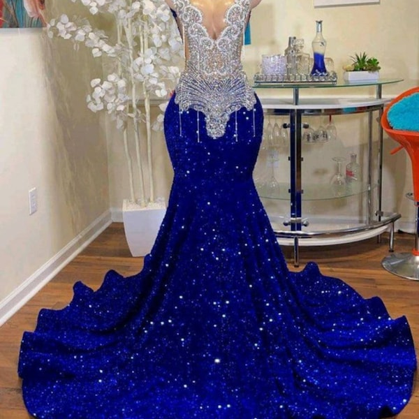 Blue rhinestone mermaid Velvet Sequins dress/Prom dress/Wedding Reception Dress/shimmery Dress/Bridal Dress/homecoming dress/engagement dres