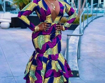 Vestido com decote em V profundo Ancara vestido de baile africano vestido de sereia de Ancara vestido de sereia africano roupa feminina vestido estampado africano moda pano de Ancara