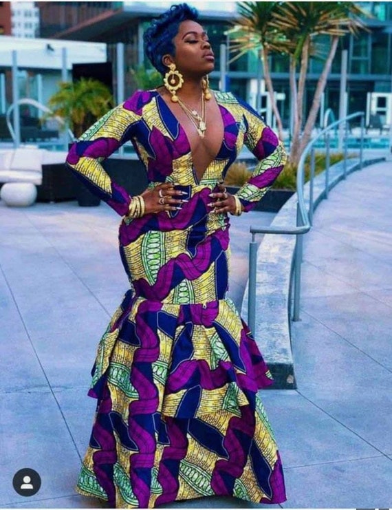 Deep V Neck Dress Ankara Dress African Prom Dress Ankara Mermaid Dress  African Women Outfit African Print Dress African Fashion Ankara Cloth 