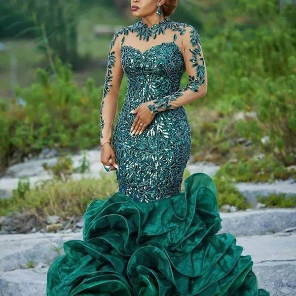 African wedding dress African lace Green evening gowns dinner gowns lace gown styles mermaid evening gown lace fashion long formal dress