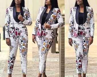 Traje de estampado africano Conjunto de traje de Ankara Traje de cera africano Chaqueta de cera de Ankara para mujeres Chaqueta y pantalones africanos Ropa africana para mujeres Cera africana