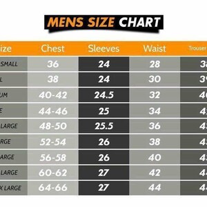 May include: A size chart for men's clothing with measurements in inches for chest, sleeves, waist, and trouser length. The chart includes sizes from extra small to extra extra extra large.