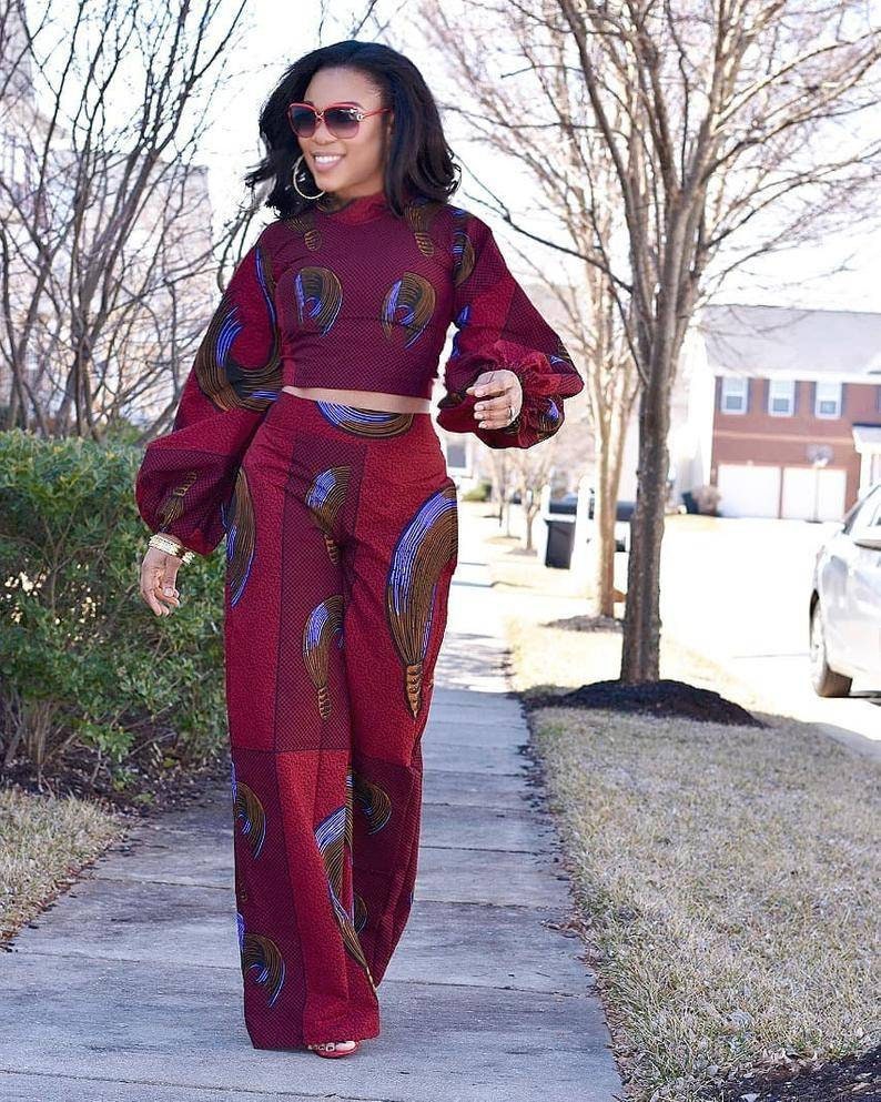 African Wax Top and Pants African Print Pants Ankara Tops Ankara Pants  Ankara Wide Leg Pants Ankara Crop Top & Palazzo Pants Women Clothing 