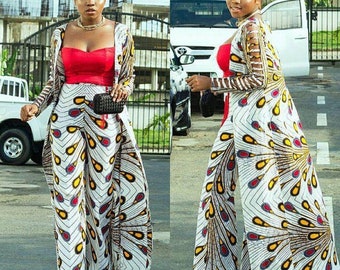 Kimono e pantaloni con stampa africana Kimono Ankara Set di 2 pezzi africani Set di abbinamenti Ankara Stili africani 4 donne Kimono di cera africana Pantaloni di cera africana