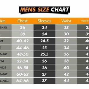 May include: A size chart for men's clothing with measurements in inches for chest, sleeves, waist, and trouser length. The chart includes sizes from extra small to extra extra extra large.
