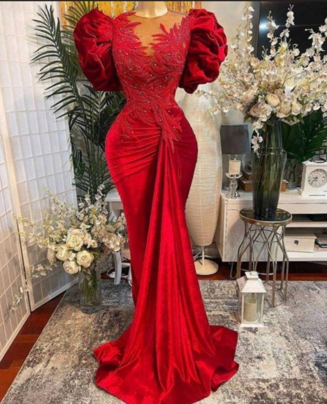 Red velvet evening dress, floral prom dress, chic mermaid dress,custom made main image 0
