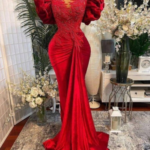 Red mermaid Velvet dress/Prom dress/Wedding Reception Dress/shimmery Dress/Bridal Dress/homecoming dress/engagement dress/formal dress/gown