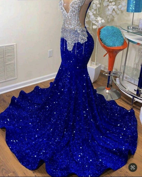 Blue Rhinestone Mermaid Velvet Sequins Dress/prom Dress/wedding Reception  Dress/shimmery Dress/bridal Dress/homecoming Dress/engagement Dres - Etsy