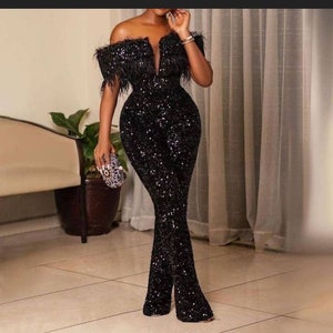 Black off the shoulder jumpsuit/sequins jumpsuit/Prom outfit/Wedding Reception jumpsuit/homecoming jumpsuit/engagement jumpsuit/vow renewal