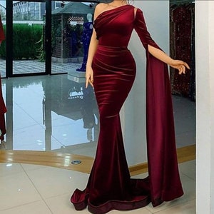 Burgundy one shoulder gown/mermaid Velvet dress/Prom dress/Wedding Reception Dress/Bridal Dress/homecoming dress/engagement dress /vow renew