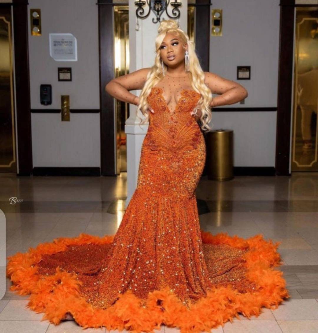 open lace back dress Orange Satin Mermaid Spaghetti Straps Long Prom Dresses With Train, MP931