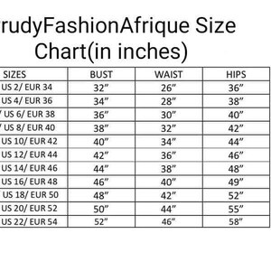 May include: Size chart for women's clothing in UK, US, and European sizes. The chart shows bust, waist, and hip measurements in inches.