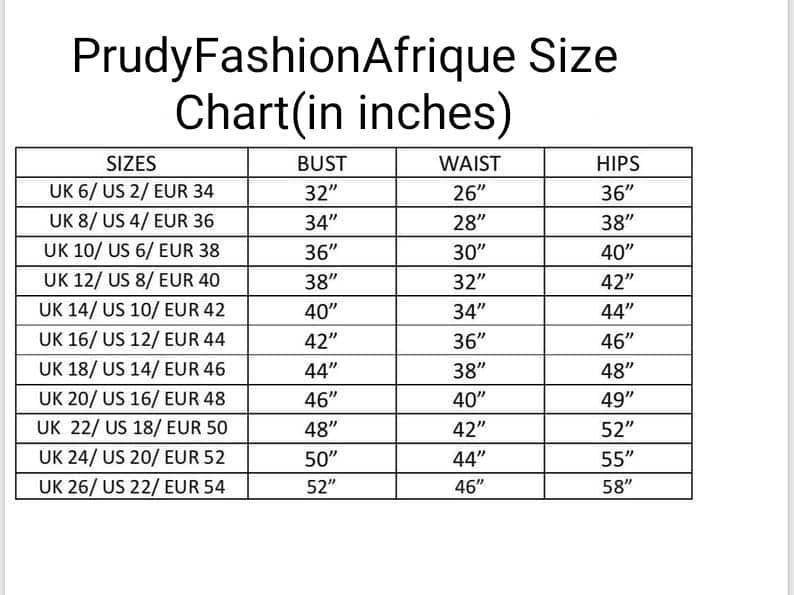May include: Size chart for women's clothing in UK, US, and European sizes. The chart shows bust, waist, and hip measurements in inches.