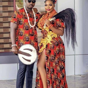 Paare Isiagu Hochzeit, Isiagu Igbo Paare traditionelle Hochzeitskleidung, Ankara passendes Set, Igbo Brautkleid Paar Jubiläum Outfit