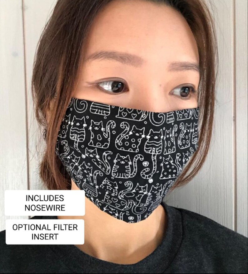 Black Cat Print Face Mask Incl. Nose Wire and Optional Filter Etsy