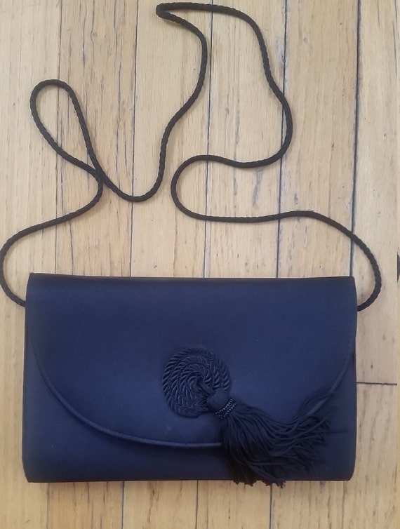 Black Satin Cocktail Clutch Purse with Tassel and 